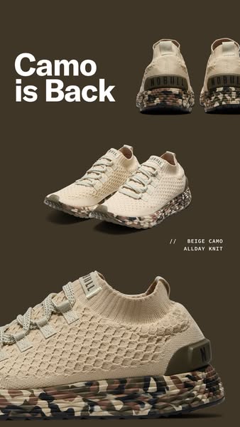 This image ad shows NOBULL beige camo knit sneakers. The ad is announcing the return of the camo pattern. There are mult