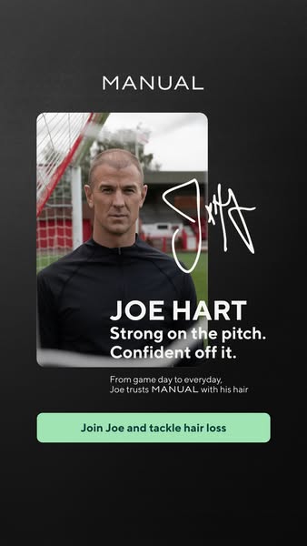An image ad featuring Joe Hart, promoting hair loss solutions by MANUAL. Joe Hart is shown in a photograph and is presen