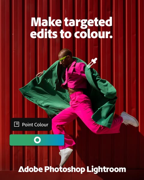 This ad for Adobe Photoshop Lightroom highlights the 'Point Colour' feature, which allows users to make targeted