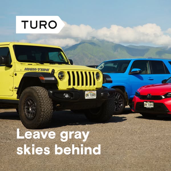 This ad for Turo features a lineup of three cars in bright colors, with the headline "Leave gray skies behind.&quot