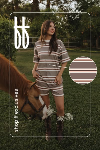 An image ad featuring a woman in a matching striped lounge set posing next to a horse. The ad promotes the brand FF Excl