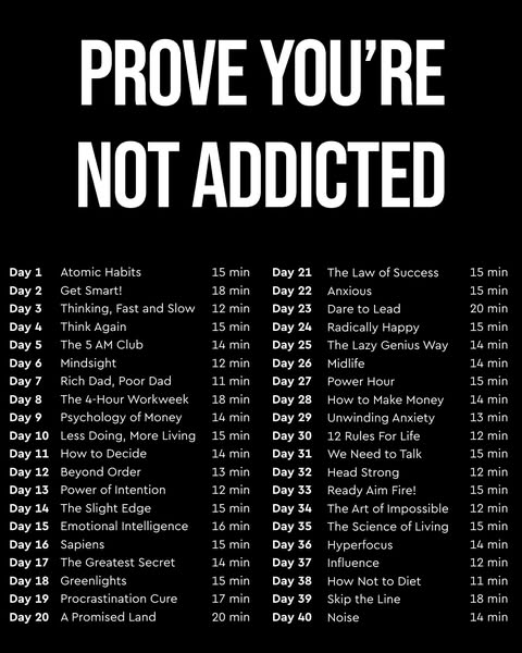 This ad challenges the viewer to prove that they are 'not addicted' by reading one book from the provided list p