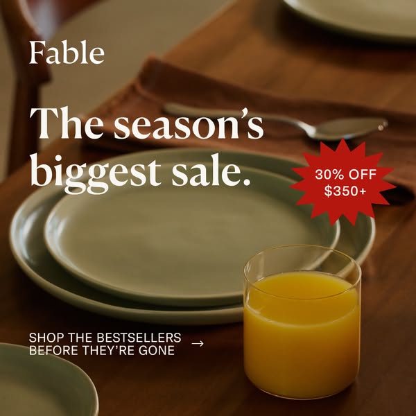 This ad for Fable features a lifestyle product image of a dining table set and advertises a sale of 30% off on orders ov
