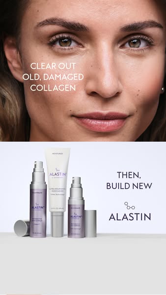 An ad that shows a split screen of a woman's face and ALASTIN skincare products. The ad focuses on clearing out old,