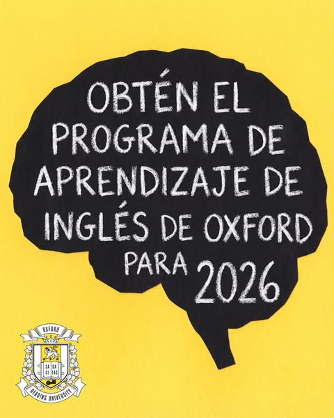 This image ad promotes Oxford's English learning program for 2026. The ad features a black brain shape with white te