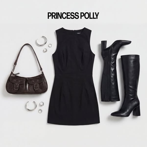 This ad showcases a black dress, a brown purse, and a pair of black boots from Princess Polly. The ad is designed to app