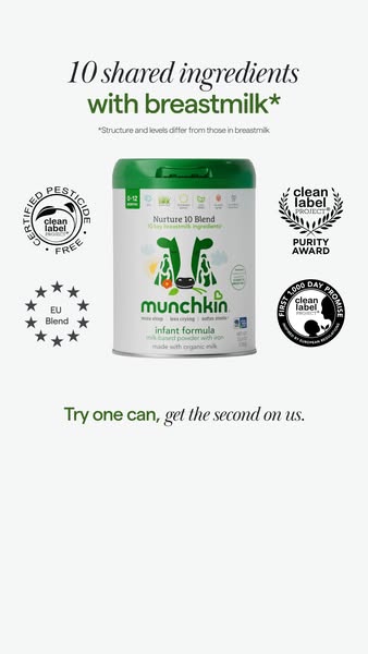 This ad promotes Munchkin infant formula and highlights that it shares 10 ingredients with breastmilk. It also advertise