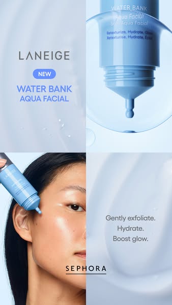 This image ad for Laneige's Water Bank Aqua Facial features a split-screen design showcasing the product, a woman ap