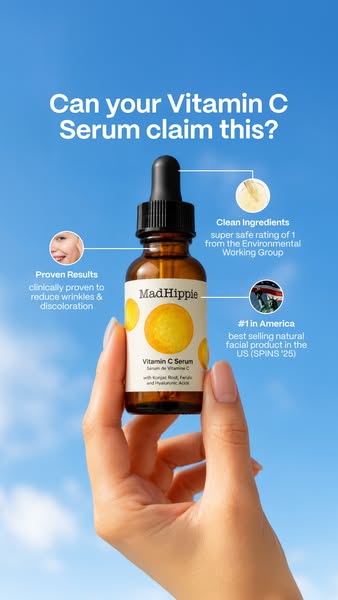 The ad is for Mad Hippie Vitamin C Serum and highlights its proven results, clean ingredients, and popularity. A hand ho
