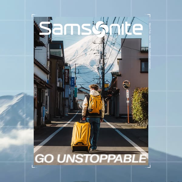This ad showcases a man pulling a yellow Samsonite suitcase down a street in Japan, with Mount Fuji in the background. T