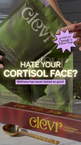 An image ad for Clevr Blends matcha superlattes, showcasing their product line and highlighting their feature on Oprah&#