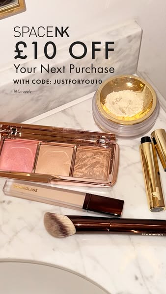 An image ad by Space NK promotes a discount of £10 off the customer's next purchase with a code.