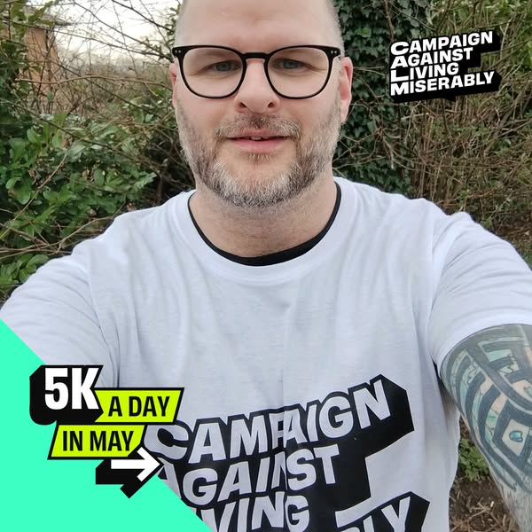 This ad features a selfie-style video of a man wearing a t-shirt for Campaign Against Living Miserably (CALM), and promo