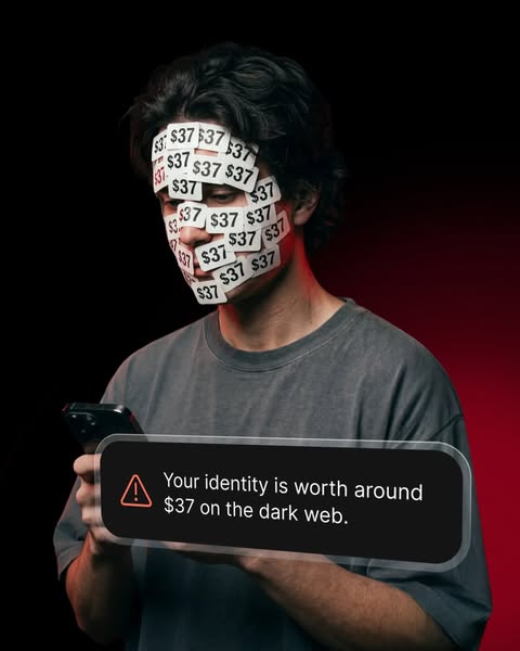 This ad highlights the potential risk to your identity being sold on the dark web and positions the promoted product as 