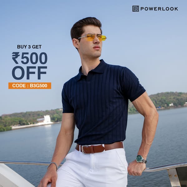 An image ad promoting Powerlook apparel, featuring a man wearing a navy polo shirt with white pants. The ad highlights a