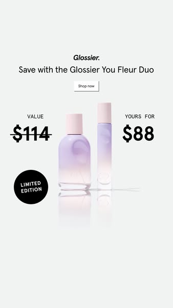 An image ad for the Glossier You Fleur Duo that shows the products and lists the original and sale price.