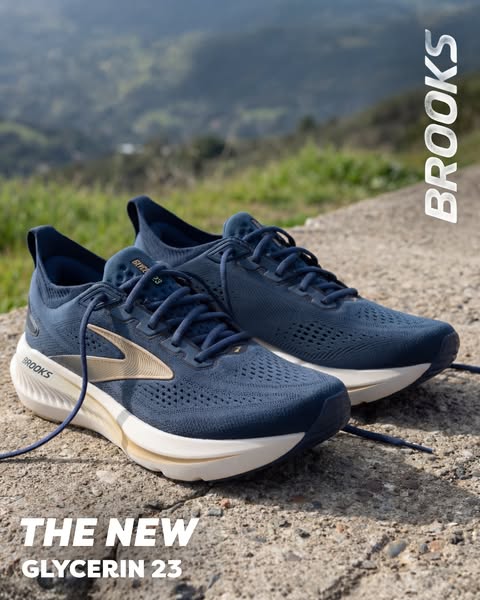 This image ad showcases the new Brooks Glycerin 23 running shoes against an outdoor backdrop. The focus is on highlighti