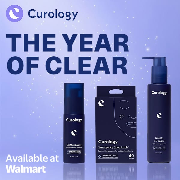 An image ad for Curology products at Walmart. The ad features a Gel Moisturizer, Emergency Spot Patch, and Gentle Cleans