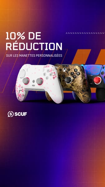 This image ad is for SCUF, a brand that sells customized gaming controllers. The ad features three Xbox controllers with
