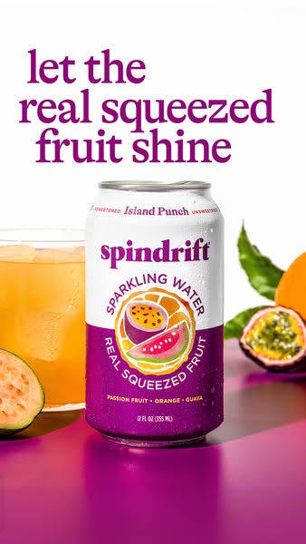 Image ad for Spindrift sparkling water in the Island Punch flavor. The ad features a can of the product along with fruit
