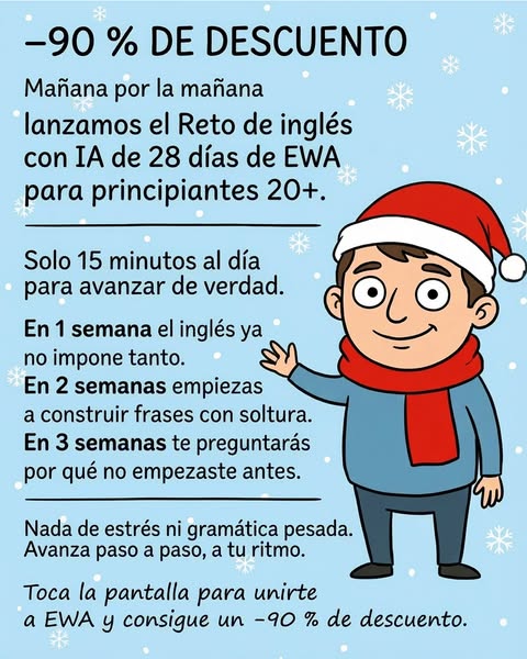 The ad promotes the EWA 28-day English challenge with IA for beginners 20+ with a -90% discount.
