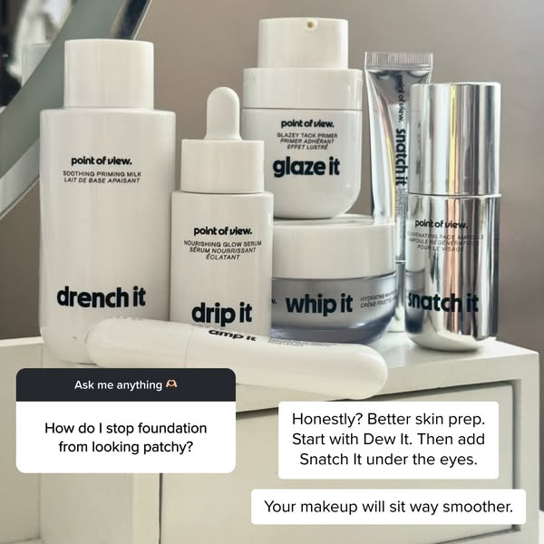 An image showcasing a variety of products from Point of View beauty brand, intended to improve skin texture when used as
