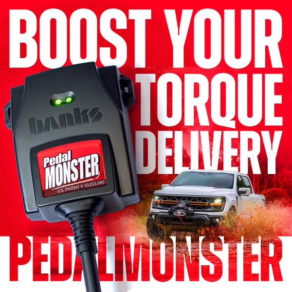 This image ad promotes PedalMonster, a product designed to boost torque delivery in vehicles. The ad features a close-up