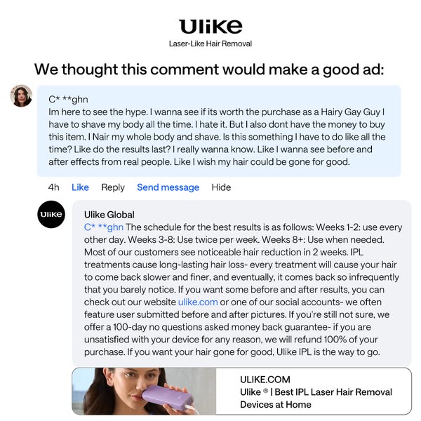This ad features a social media post from a customer, used as a testimonial for the Ulike hair removal device. The post 