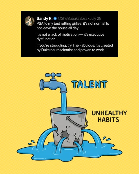 This ad uses a tweet and an illustration to highlight the problem of executive dysfunction and offers The Fabulous app a