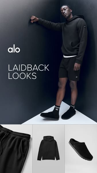 An Alo Yoga ad showcasing their apparel in black.
