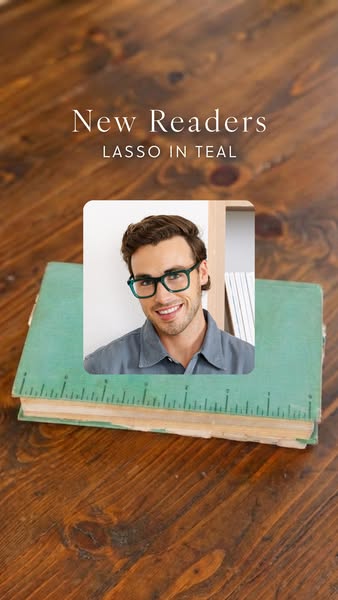 This ad for New Readers glasses features an image of a person wearing glasses in the teal Lasso frame. The product is be