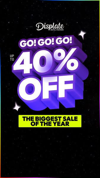 This image ad promotes Displate metal posters by announcing their biggest sale of the year. The ad uses bold typography 