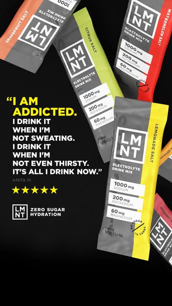 This ad for LMNT features a customer testimonial about how addicted they are to the product, drinking it even when not s