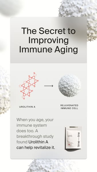 This image ad for Time-line promotes Urolithin A as a way to improve immune aging. It features a visual of a molecular s