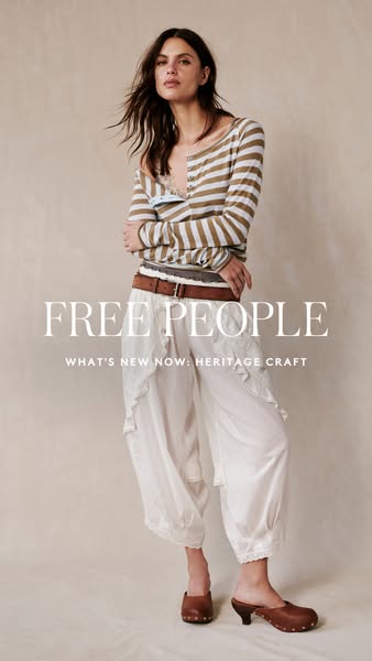 This ad showcases Free People's new heritage craft clothing line. The ad features a model wearing a striped shirt, w