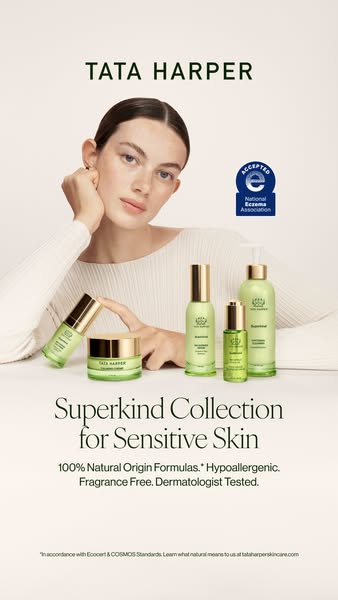 This ad for Tata Harper's Superkind Collection for Sensitive Skin features a product shot of five skincare items and