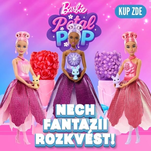 This ad showcases the Barbie Petal Pop doll with flower-themed dresses, emphasizing a magical transformation of fashion.