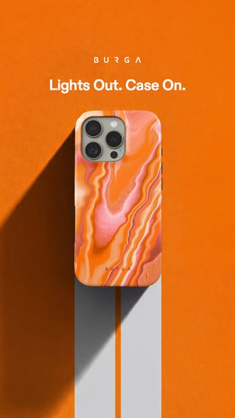 This ad by Burga promotes its phone cases. The creative features a phone case with a swirling orange and pink pattern. I