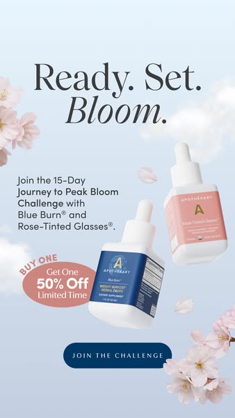 The image ad invites viewers to "Join the 15-Day Journey to Peak Bloom Challenge" using Blue Burn® and Rose-Ti