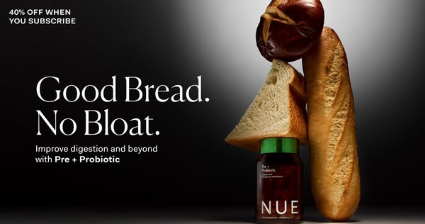 This ad promotes NUE's Pre + Probiotic supplement as a solution for digestive issues related to bread consumption. I