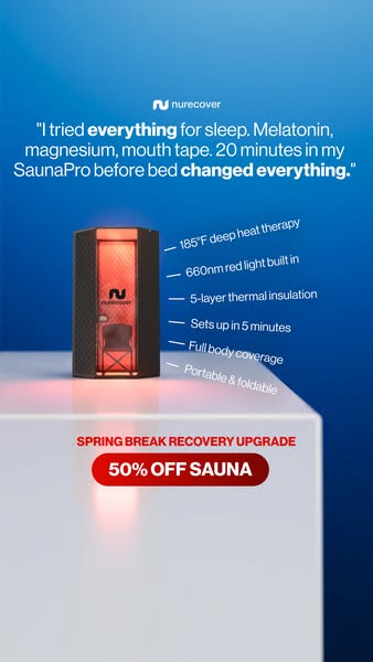 This image ad showcases the Nurecover SaunaPro as a solution for sleep issues, featuring a customer testimonial and high