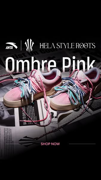 This ad showcases the ANTA Hela Style Roots Ombre Pink sneakers. The ad features a close-up shot of the shoes on a newsp