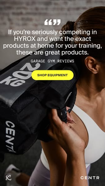 This ad from Centr features a quote from Garage Gym Reviews about the quality of Centr equipment. The ad includes a visu