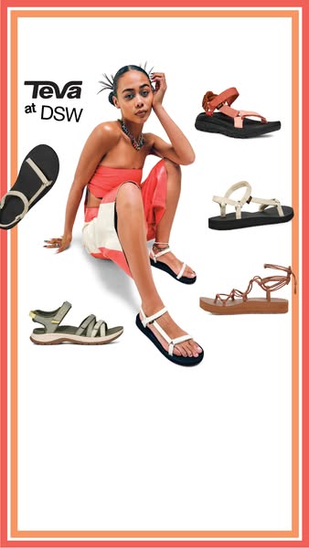 This ad for Teva sandals features a model wearing a pair of Teva sandals and includes a variety of Teva sandals for sale