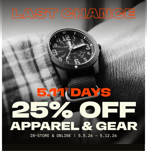 This image ad for 5.11 Days offers a limited time 25% discount on apparel and gear, both in-store and online.