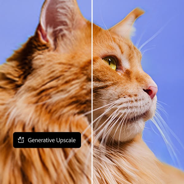 This ad demonstrates the generative upscaling feature by showing a side-by-side comparison of a low-resolution image of 