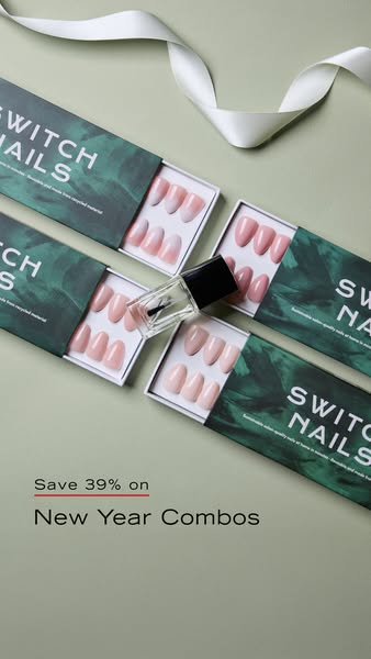 This ad promotes Switch Nails, emphasizing their sustainable nail products and a special New Year's discount, with a