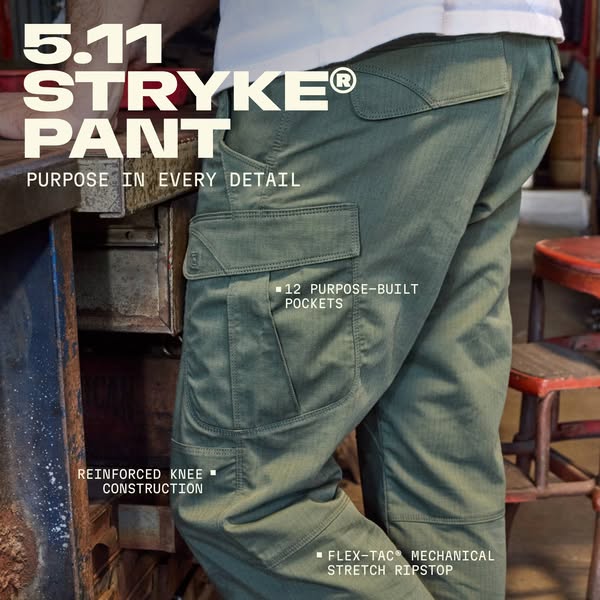 This image promotes the 5.11 Stryke pant. It highlights key features such as multiple pockets, reinforced knee construct