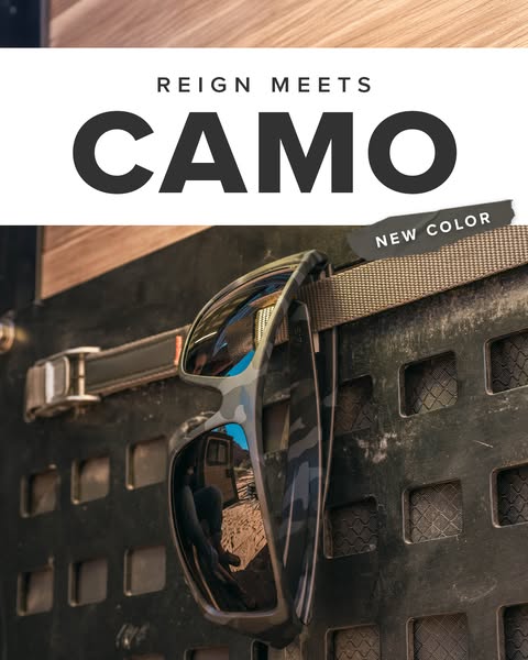 This image ad is for sunglasses. The focus is on the new camo color for the brand's reign sunglasses. It features a 