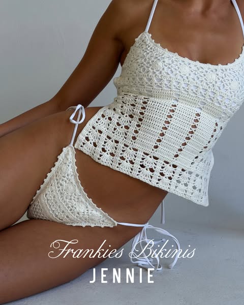 An ad for Frankies Bikinis features a model wearing the Jennie crocheted bikini.